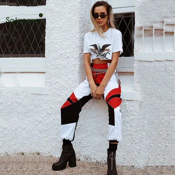 Sieviešu Kokvilnas Augsta Vidukļa Raibs Bikses Harēma Bikses Streetwear Sprādzes Kravas Bikses Vaļīgas Jogger Bikses Sievietēm 