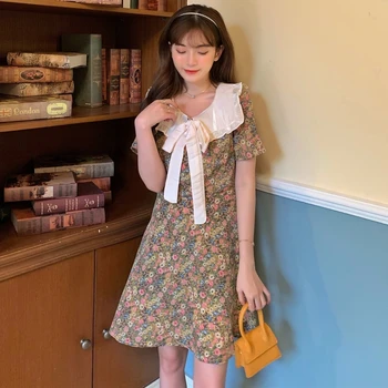 Vasaras Sieviešu Apģērbu korejas Jūrnieks Apkakli, Īsām Piedurknēm Vintage Mini Kleita Daisy Ziedu Drukāt Boho Beach-line Šifona Kleita