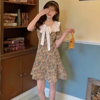 Vasaras Sieviešu Apģērbu korejas Jūrnieks Apkakli, Īsām Piedurknēm Vintage Mini Kleita Daisy Ziedu Drukāt Boho Beach-line Šifona Kleita