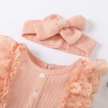 0-24M Infant Baby Girl Kokvilnas Veļu, Apģērbu Romper Vasarā Jaunu Ziedu Mežģīņu Piedurknēm Loku Jumpsuit + Galvas 2gab Tērpiem Komplekts