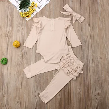 0-24M Jaundzimušais Meitene Zēnu Rudens Tērpiem Apģērbu Komplekti Cietā Romper Top Savirmot Bikses Galvu Komplekts