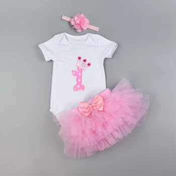 1. Dzimšanas dienu Baby Girl Apģērbu Komplekts Jaundzimušo Kokvilnas Bodysuit Rozā Tutu Svārki, Galvas saiti 3 Gab., Zīdaiņu Dāvanu