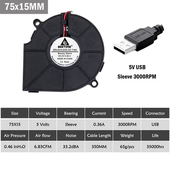 100pcs/daudz Gdstime DC 5V USB 75MM 75x15mm 7515s Brushless DC Ventilators Dzesēšanas Ventilators, Ventilatori
