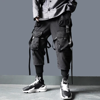 11 BYBB IR TUMŠS Kravas Bikses Vīriešu Harajuku Streetwear Taktiku Bikses Lentes Multi-kabatas Biksēm Elastīgs Viduklis HipHop Vīriešu DG29