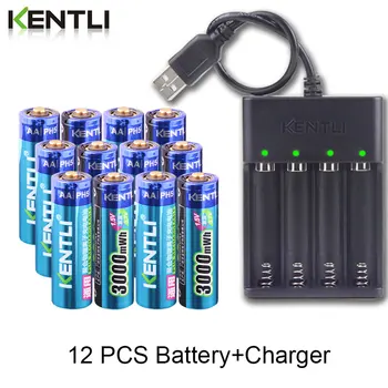 12pcs Jaunu KENTLI 1,5 v 3000mWh AA uzlādējamas Li-polimēru li-jonu polimēru litija akumulators + 4 slots USB smart Lādētāju