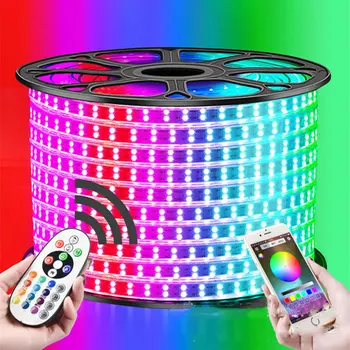 13-30M Dubultā Rinda RGB LED Lentes 96LEDs/M 5050 220V Krāsu Maiņa Gaismas Lentes IP67 Ūdensdrošs LED Rope Light +IS, Bluetooth Kontrole