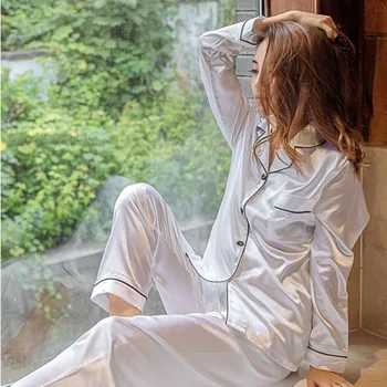 2 Gabali, Mākslīgās Zīda Satīna Pidžamas Komplekts Rudens Sieviešu Sleepwear Long Piedurknēm Naktskrekls Sieviešu Pidžamas Dāmām