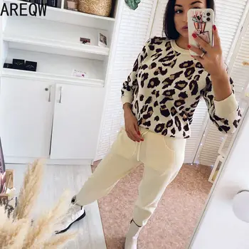 2 Gabals, kas Sieviešu Modes Leopards Drukāt Trikotāžas Džemperis Uzvalks Sieviešu Pavasara un Rudens 2020 