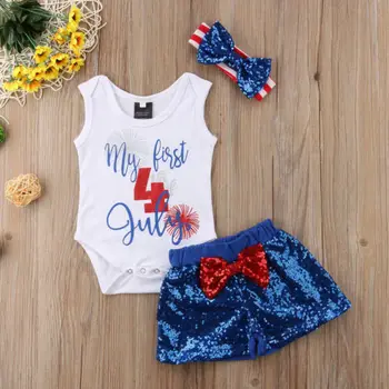 2018 Neatkarības Diena Zīdaiņu Apģērbs, Zīdaiņu Meitenēm Svētku Romper+Šorti Sequin Zilā Elsas Set 3Pcs Cute Vasaras Uzvalks