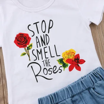 2018 Pavisam Jauns Zīdainis Bērniem Girl Vasaras Apģērbs ar Īsām Piedurknēm Ziedu T-krekls Topi+Izšūt Ziedu Caurumu Džinsa Svārki 2PCS Set