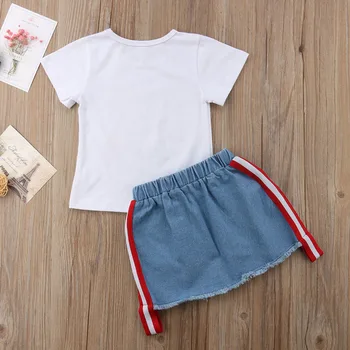 2018 Pavisam Jauns Zīdainis Bērniem Girl Vasaras Apģērbs ar Īsām Piedurknēm Ziedu T-krekls Topi+Izšūt Ziedu Caurumu Džinsa Svārki 2PCS Set