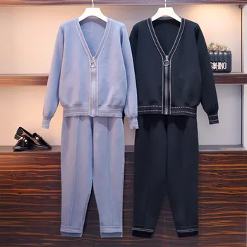 2019. gada Pavasara Modes Trikotāžas Divas Gabals Komplekti Sieviešu Liela Izmēra Mīksti Adīts Mētelis + Bikses Sieviešu Cietā V-veida kakla Trikotāžas Sporta Tērps