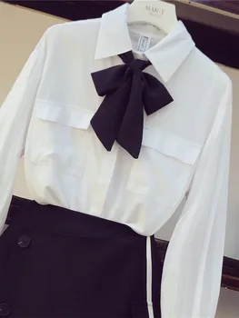 2019 Jauna Rudens Sieviešu garām Piedurknēm Loku Balts Krekls + Īsi Svārki divdaļīga Dāma Meitenes Modes Svārki Uzvalki