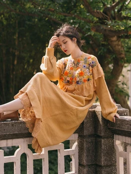 2019 jaunu modes sieviešu Garās mežģīņu izšūšanas vintage adīt kleita