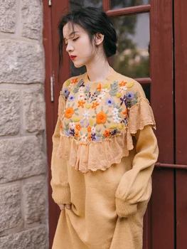 2019 jaunu modes sieviešu Garās mežģīņu izšūšanas vintage adīt kleita