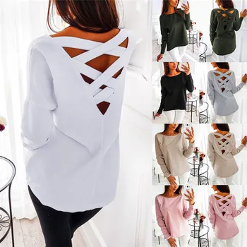 2019 Modes Sievietes Ar Garām Piedurknēm Cross Atpakaļ Topi Cēloņu Tīrtoņa Krāsu LooseRound Kakla Džemperis Blūze Plus Lieluma