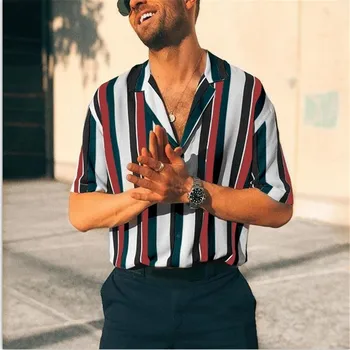 2019 Vīriešu Vasaras Modes Ikdienas Krekli Ikdienas Svītrainu Kreklu Īstermiņa Piedurknēm Top Blūze Havaju Krekls camisa masculina 50
