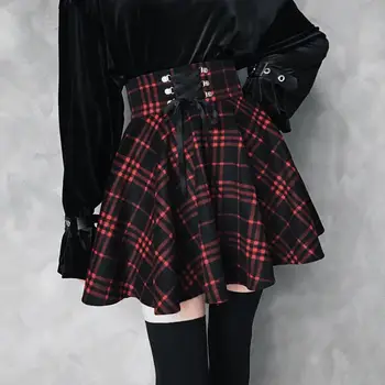 2020 Augsta Vidukļa Mini Gothic Svārki Mežģīnes Up Front-Line Rūtainā Harajuku Dejas Korejiešu Stilā, Sviedri Īss Punk Svārki Clubwear