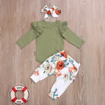 2020. gada Vasaras Bērnu, Meiteņu Apģērbs ar garām Piedurknēm ar Apaļu Kakla vienkrāsainu Top + Ziedu Drukāt Bikses + Galvas Komplekts 0-24M Toddler Apģērbi 102