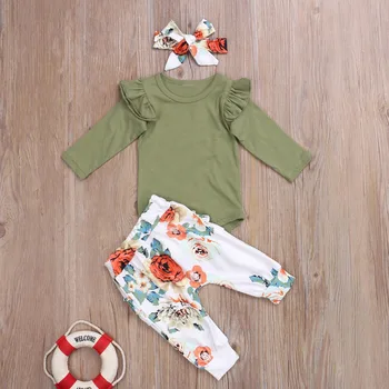 2020. gada Vasaras Bērnu, Meiteņu Apģērbs ar garām Piedurknēm ar Apaļu Kakla vienkrāsainu Top + Ziedu Drukāt Bikses + Galvas Komplekts 0-24M Toddler Apģērbi