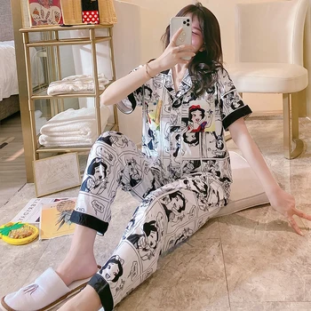 2020. gada Vasaras Rudens Komiksu Drukāt Īsās Piedurknes Garas Bikses Pidžamas Komplekti Sievietēm Sleepwear Uzvalks Pyjama Homewear Pijama Mujer Drēbes