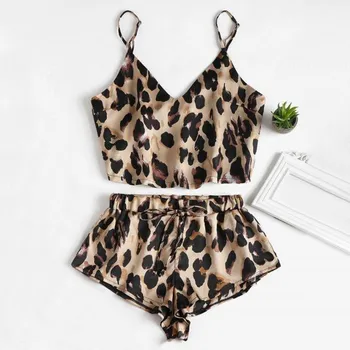2gab Sieviešu Sexy Leopards Izdrukāt Pajama Komplekti Sleepwear Babydoll Apakšveļa Naktsveļu Pidžamas Komplekts bez Piedurknēm, V-veida kakla Camis & Šorti