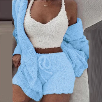 2PC/3PCS Pidžamas Komplekts Sievietēm Sexy Pūkains Uzvalks Plīša Samta Drēbes, Uzstādīt, Mīksts, Silts Džemperis bez Piedurknēm Loungewear Pijamas Mujer Sleepwear