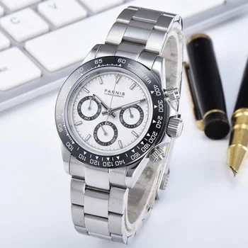 39mm PARNIS white dial sapphire kristāla cieta pilnīgu Chronograph kvarca mens watch