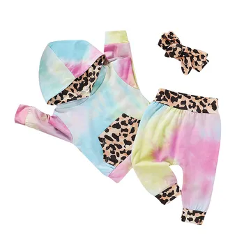 3Pcs Bērnu Rudens Apģērbs, Kaklasaites Krāsu Kapuci garām Piedurknēm Džemperis Top+Leopards Drukāt Brīvs Bikses+Priekšgala Galvu Komplekts Toddler Meitene