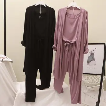 3Pcs/Komplekts Sievietēm Pyjama Kravu Kokvilnas Sexy Apakšveļa, Drēbes, Bikses, Pidžamas Komplekti Pavasara Rudens Gadījuma Sleepwear Homewear Pijama Mujer