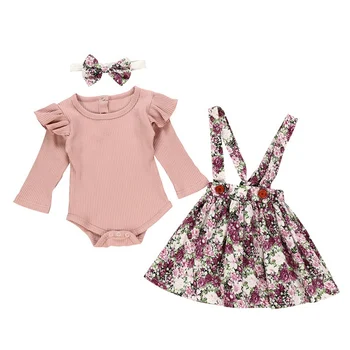 3Pcs Rudens Baby Girl Apģērbu āķu Izlīdzināšanu Piedurknēm Romper Topi Ziedu Siksna, Svārki, Galvas Apģērbs, Apģērbu Komplekts 0-24M