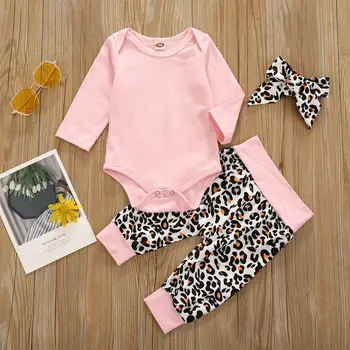 3Pcs Zīdaiņu Jaundzimušais Meitene Pavasara Rudens Apģērbu Komplekti Salātu Savirmot garām Piedurknēm Bodysuit Ziedu Leopard Bikses Galvu Apģērbs