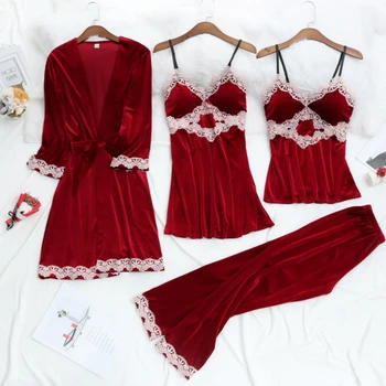 4-gabals Zelta Samta Pidžamas Komplekts Sexy Mežģīņu Sieviešu Ziemas Siltā Sleepwear bez Piedurknēm Siksniņa Naktsveļu Drēbes, Bikses, Pidžamas Homewear