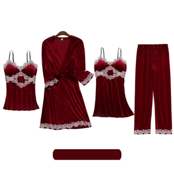 4-gabals Zelta Samta Pidžamas Komplekts Sexy Mežģīņu Sieviešu Ziemas Siltā Sleepwear bez Piedurknēm Siksniņa Naktsveļu Drēbes, Bikses, Pidžamas Homewear