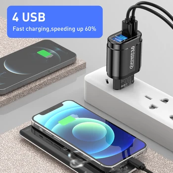 4 Porti LED Fast Charger 3.0 USB Lādētāju MUMS, ES Plug Adapteris Samsung A50 A30 iPhone7 8 Xiaomi 9 Tablete QC 3.0 Fast charger