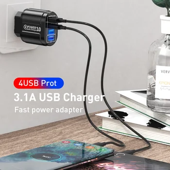 4 Porti LED Fast Charger 3.0 USB Lādētāju MUMS, ES Plug Adapteris Samsung A50 A30 iPhone7 8 Xiaomi 9 Tablete QC 3.0 Fast charger