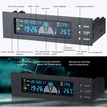 5.25 Collu Bay Priekšējā šķidro kristālu Displeja Panelis 3 Ventilatora Ātruma regulators CPU Temperatūras Sensors Zondes 5 - 90 Grādu pēc Celsija