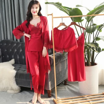 5 Gabals Pidžamas Komplekts Rozā Mājas Apģērbu Peldmētelis Mini Naktskrekli Uzstādīt Sexy V-neck Sieviešu Sleepwear Red Naktsveļu Sieviešu Pidžamas