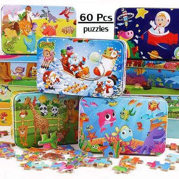 60 Gabalus, Koka Puzles Karikatūra Dzīvniekiem Jigsaw Puzzle Bērniem Izziņas Izglītības Rotaļlieta ar Uzglabāšanas Kasti Bērniem Busyboard Dāvanu
