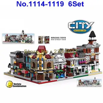 6pcs mini city view city hall/kino/pet shop/bankas veidošanas bloku Rotaļlietas