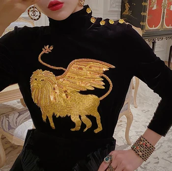 Ailigou Luksusa Sequin Izšūti Lauva Samta Augstu Uzrullētu Apkakli Top Dāmas Ar Garām Piedurknēm T-Krekls Vienkrāsainu Ziemas Samta Dāmas Krekls