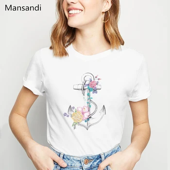 Akvarelis Rožu Krizantēmu Enkura iespiests t krekls sieviešu apģērbu 2019 harajuku kawaii vogue t femme vasaras topi, t-krekls
