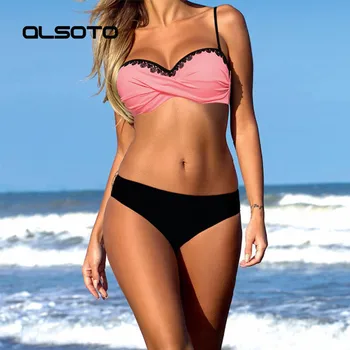 ALSOTO 2020. gada Vasaras Sexy Bikini Komplekts Cieto Bikini Push Up Peldkostīms Sievietēm Mežģīnes Lenta Peldkostīmi Sieviete peldkostīmu Biquini