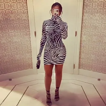 ANJAMANOR Zebra Drukāt Pārsējs Mini Kleitas Sievietēm Clubwear Modes Sexy garām Piedurknēm Bodycon Mini Kleita ar Cimdiem, D70-BG21