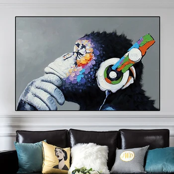 Anotācija Austiņas Mūzikas Mērkaķis Audekla Gleznu Plakātu Izdrukas Orangutan Sienas Mākslas Dzīvnieku Attēlu, Dzīvojamā Istaba Dekori Cuadros