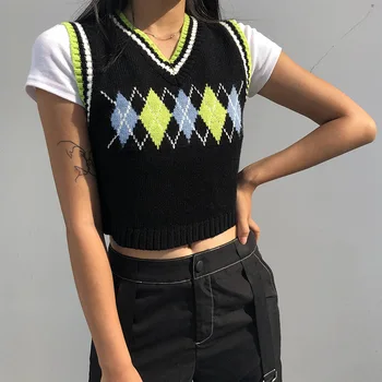 ArtSu Argyle Pleds topiņi Sieviešu Preppy Stils Gadījuma Piedurknēm Adīts Kultūraugu Top Džemperis Vintage Mini Vestes, Rudens Modes VE52309