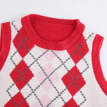 ArtSu Argyle Pleds topiņi Sieviešu Preppy Stils Gadījuma Piedurknēm Adīts Kultūraugu Top Džemperis Vintage Mini Vestes, Rudens Modes VE52309