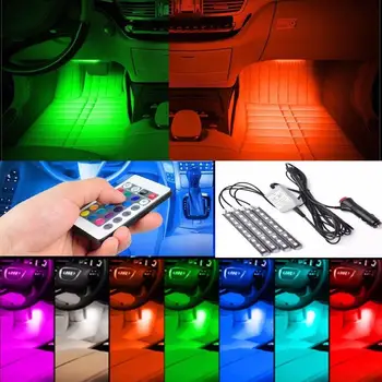 Auto Stils 9LED Krāsaina RGB Automašīnas salona Grīdas, Dekoratīvās Atmosfēru Lampas, LED Sloksnes Gaismas Ar Tālvadības pulti