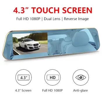 Auto Vadītāja Ieraksti 4.3 collu Automašīnas Kamera, Atpakaļskata Spogulis DVR Dash Cam Video Registrator FHD) 1080p Nakts Redzamības Monitors