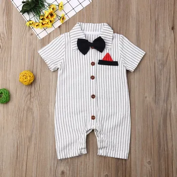 Baby Boy Romper 2019 Toddler Jaundzimušo Vasaras Īsām Piedurknēm Kungi Bowtie Sarkanā Baltā Svītrainām Jumpsuit Apģērbs, Apģērbs Apģērbs